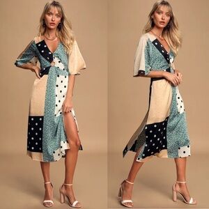LULUS Multi Print Satin Midi Dress Size Small